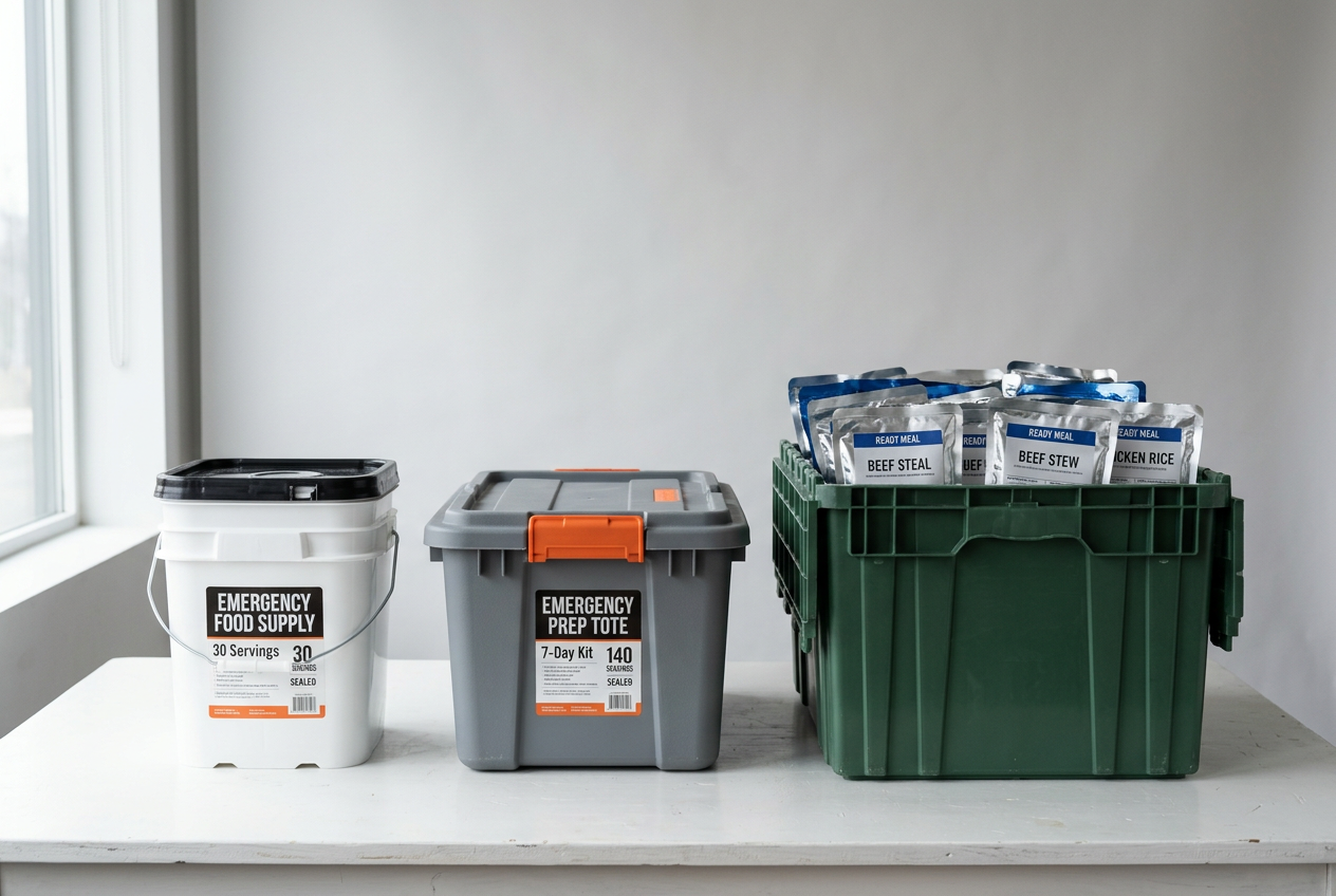 Three sizes of emergency food kit containers side by side