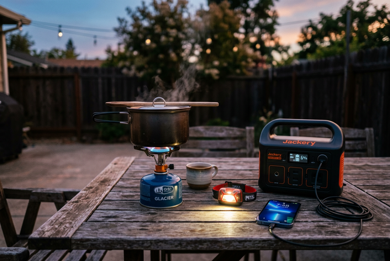 Camp stove, headlamp, and power station on outdoor patio