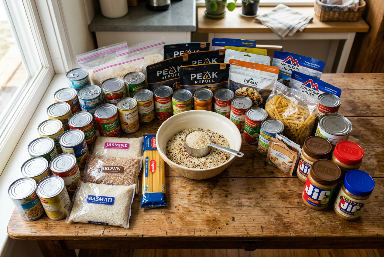 Shelf-stable canned and pouched food spread on kitchen table