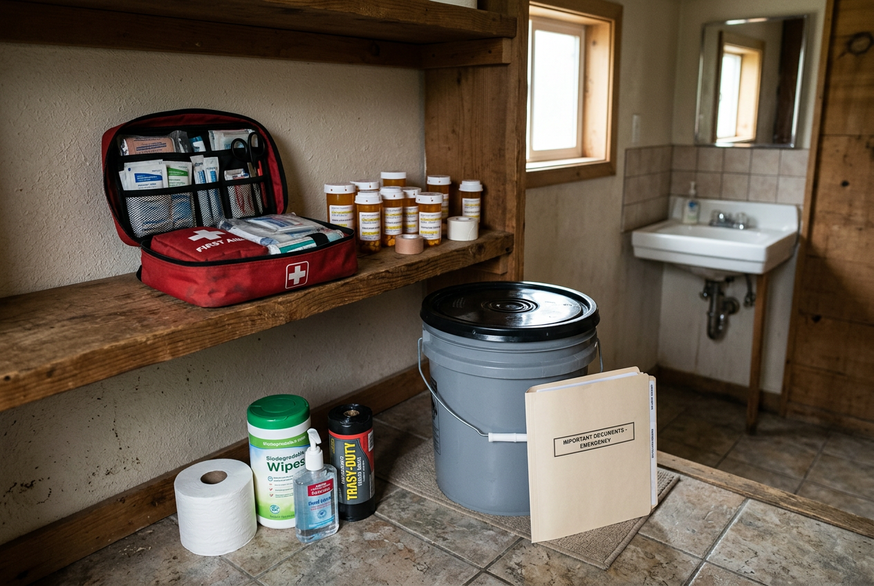 First aid, medicines, sanitation supplies, and document folder arranged