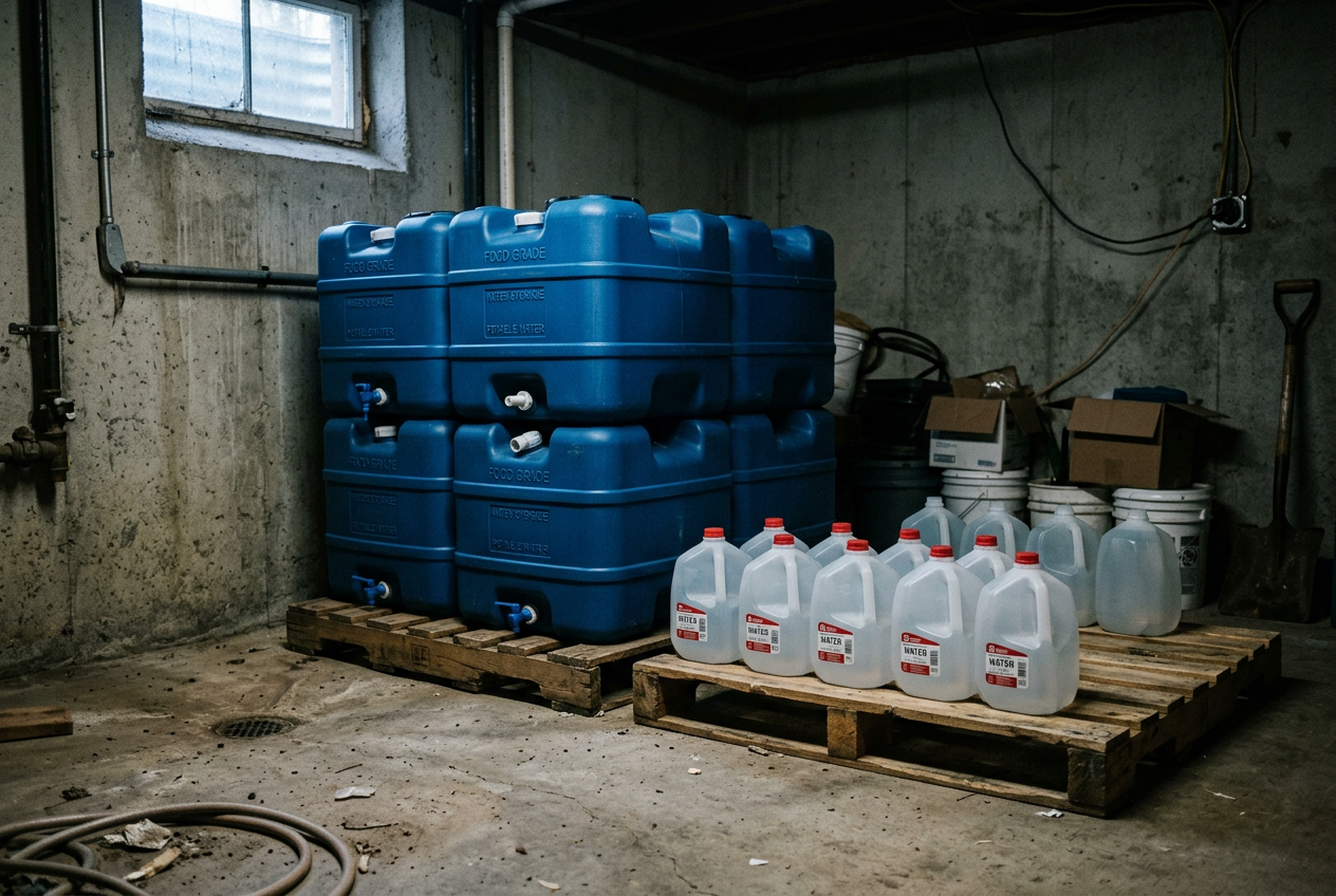Stacked blue water tanks and jugs stored in basement