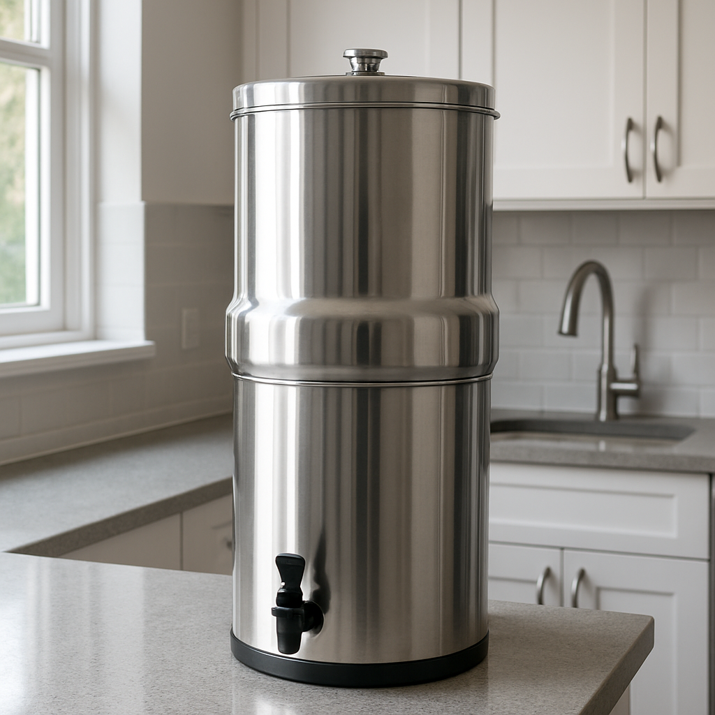 Big Berkey gravity water filter on a kitchen counter, stainless steel chambers visible