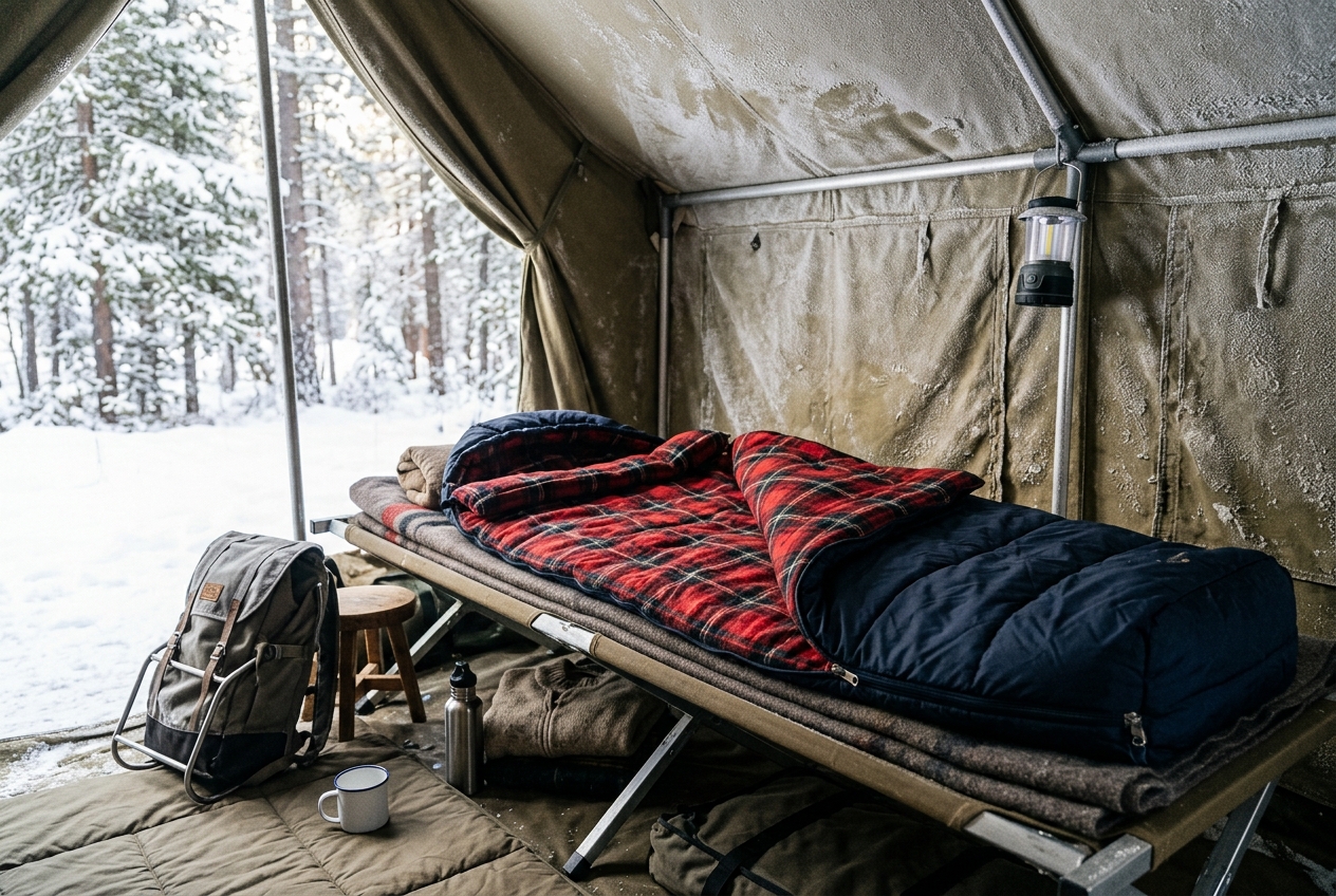 Roomy navy sleeping bag with plaid flannel lining in tent