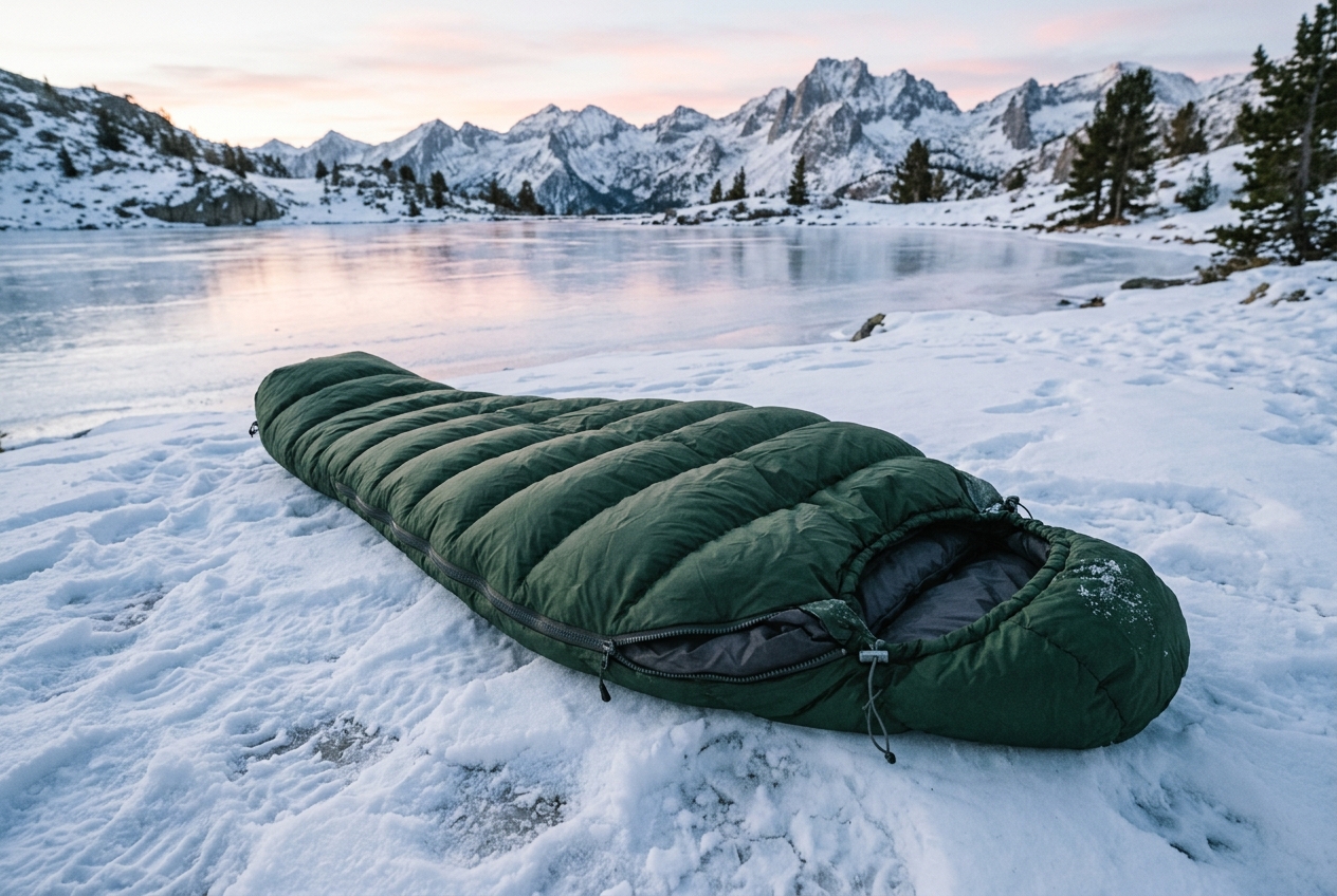 Hooded green mummy sleeping bag on snow at dawn