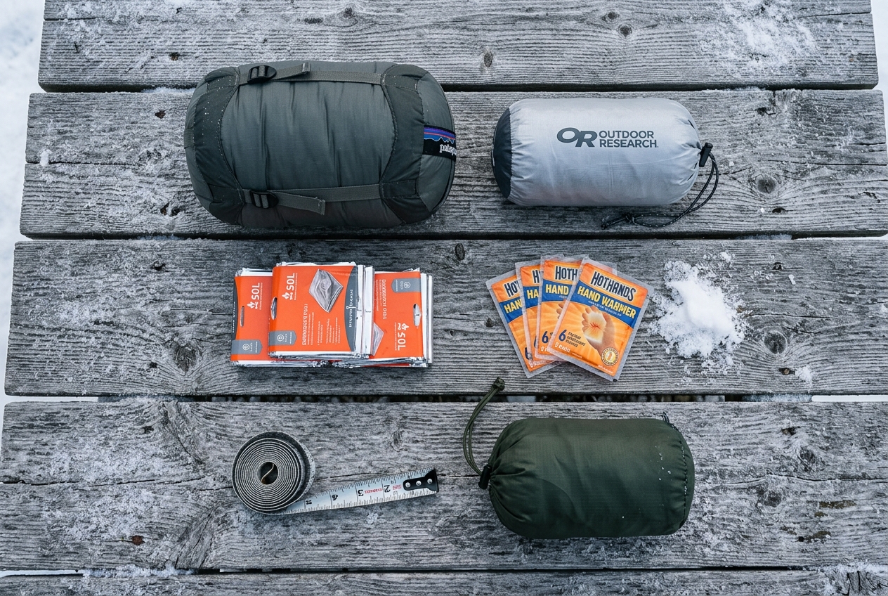 Overhead flat-lay of cold weather survival gear on wood