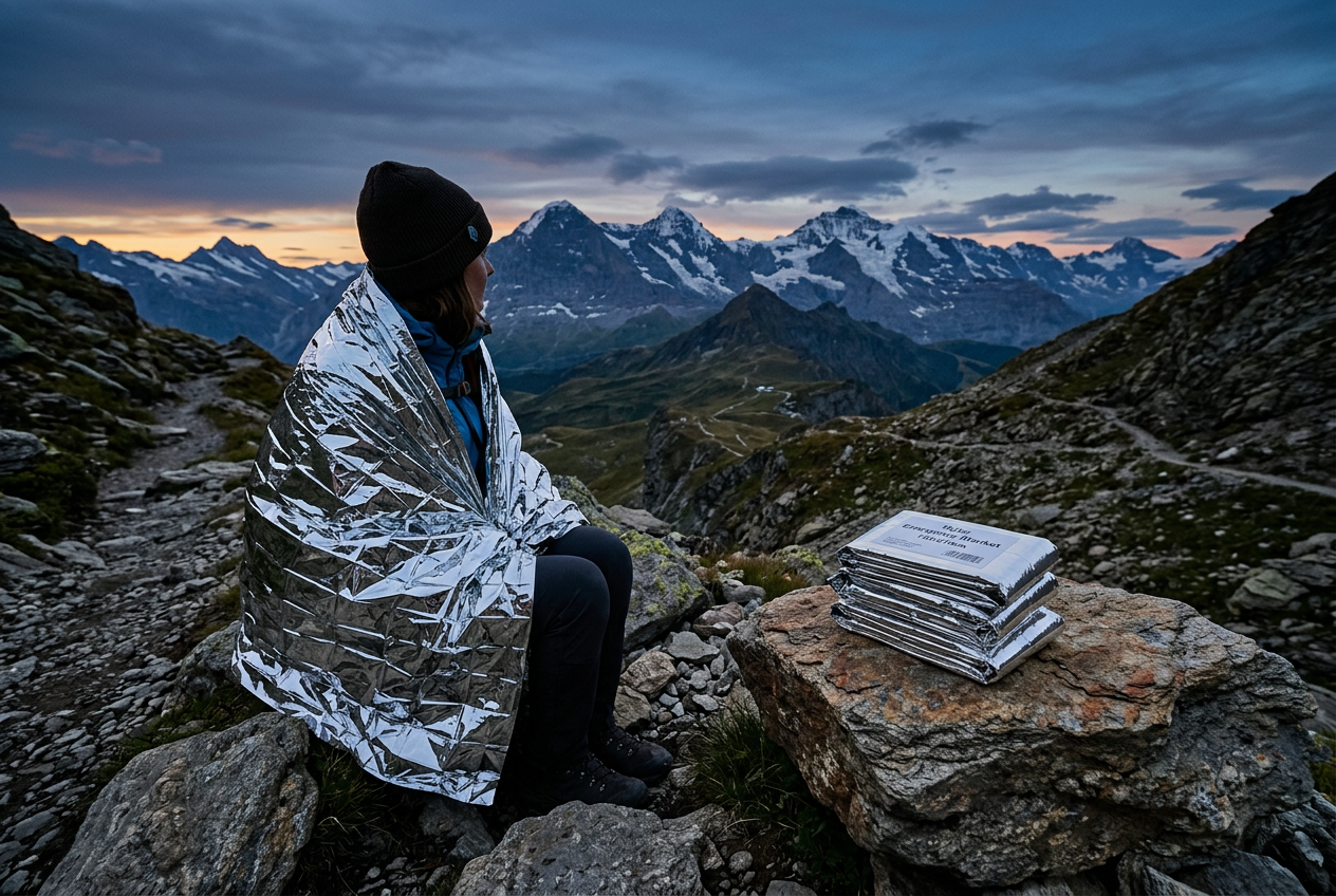 Person wrapped in silver space blanket on mountainside