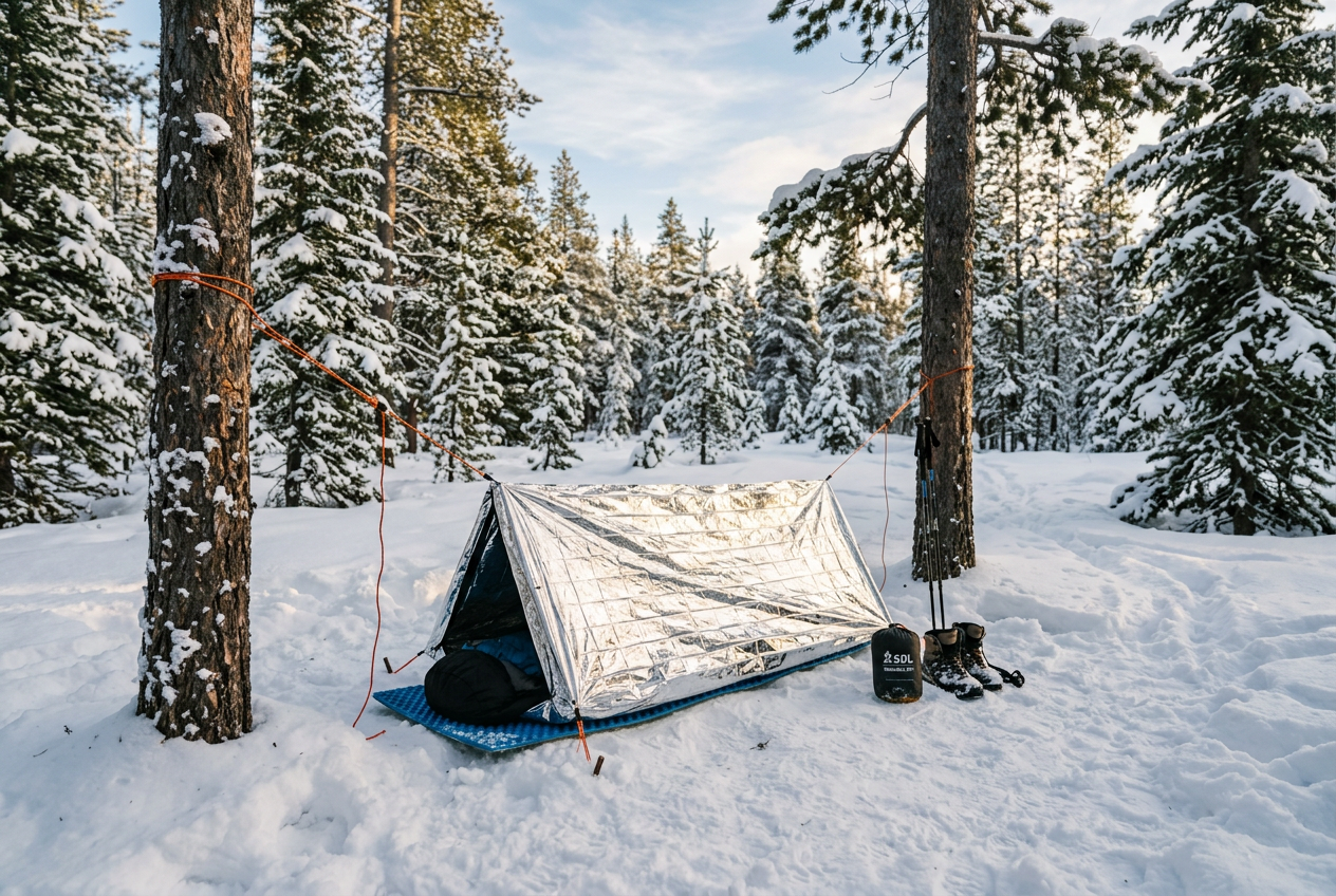 Reflective silver Mylar bivy tent in snowy pine forest