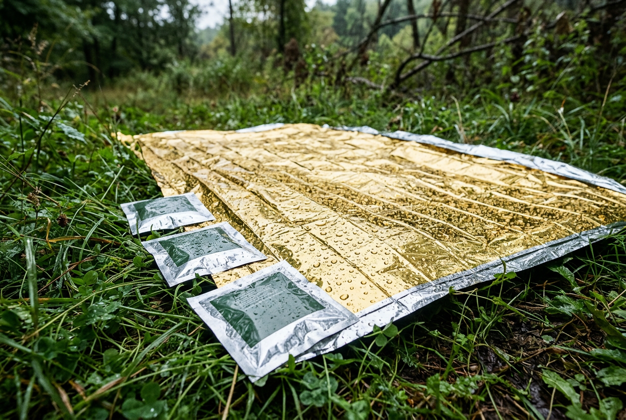 Gold silver thermal blanket spread on wet grass ground