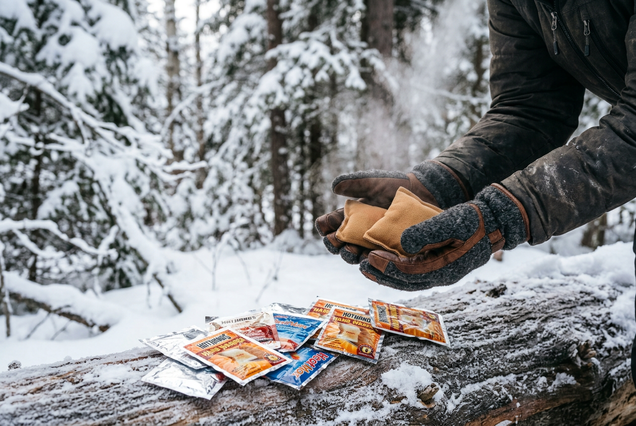 Gloved hands holding warm packets in snowy cold weather