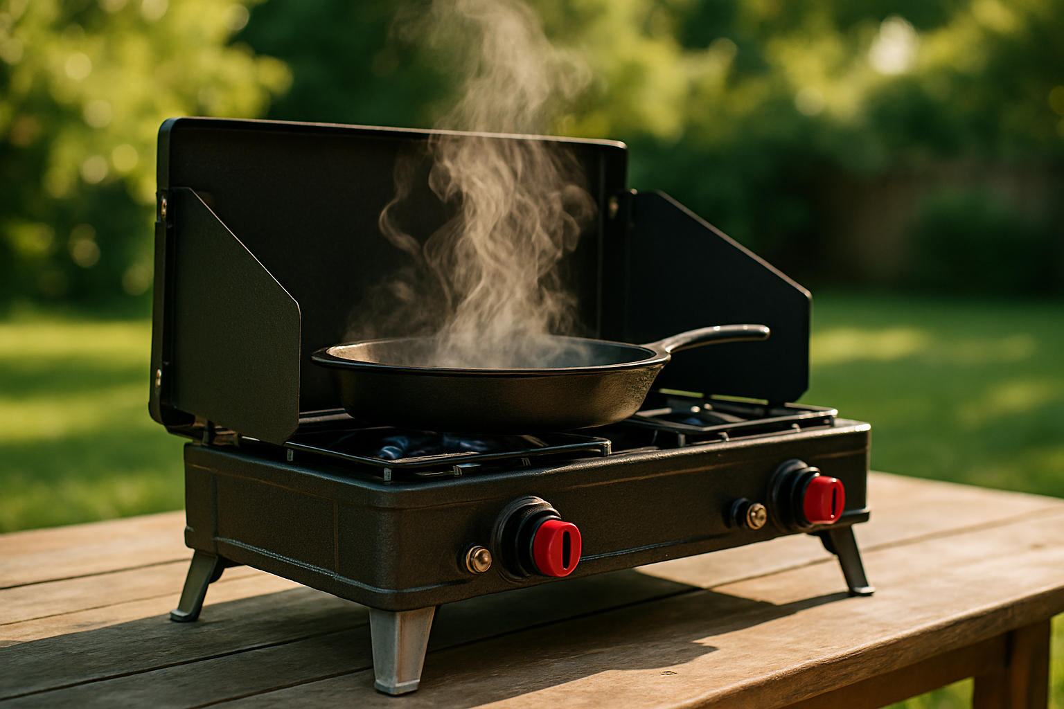 Dual-burner portable stove cooking on a backyard patio