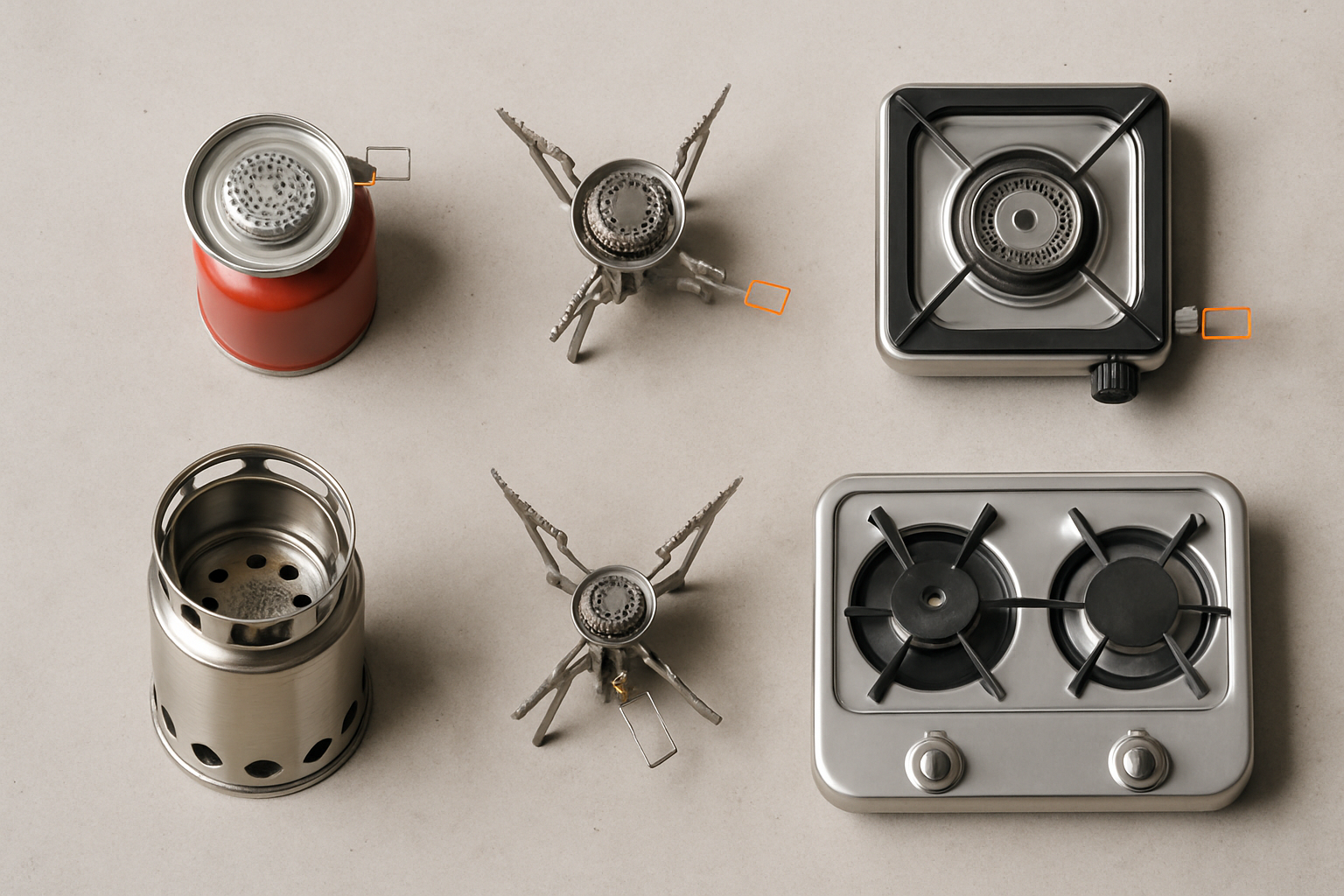 Overhead flat-lay comparison of six portable emergency stoves