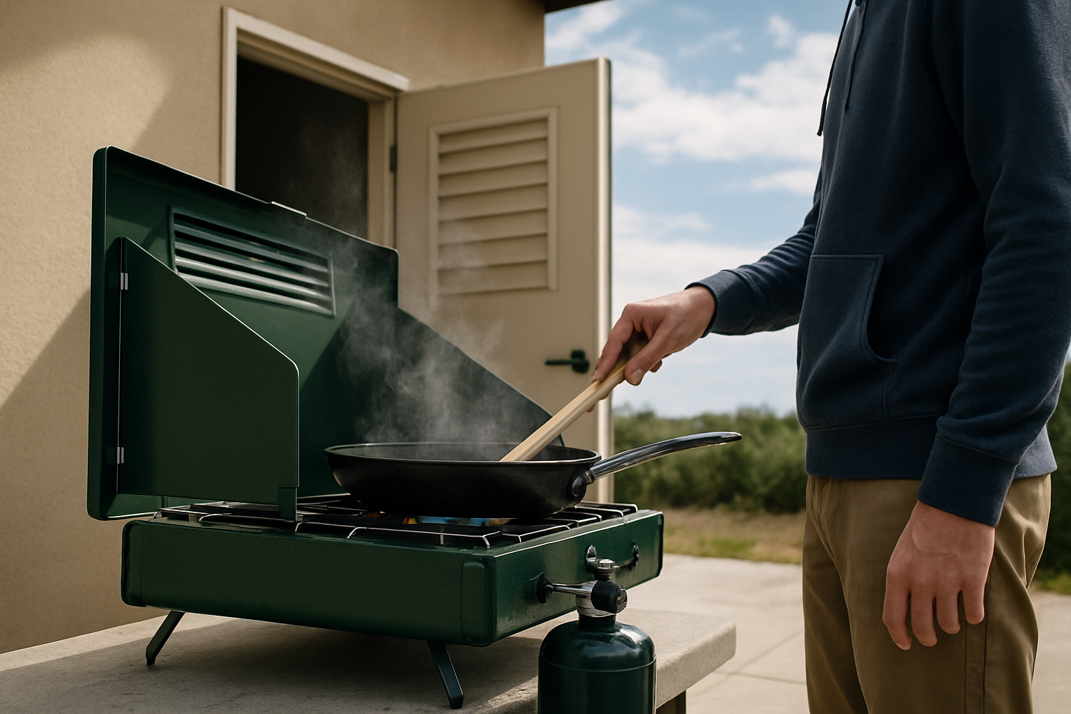 Person safely using portable stove outdoors on open patio