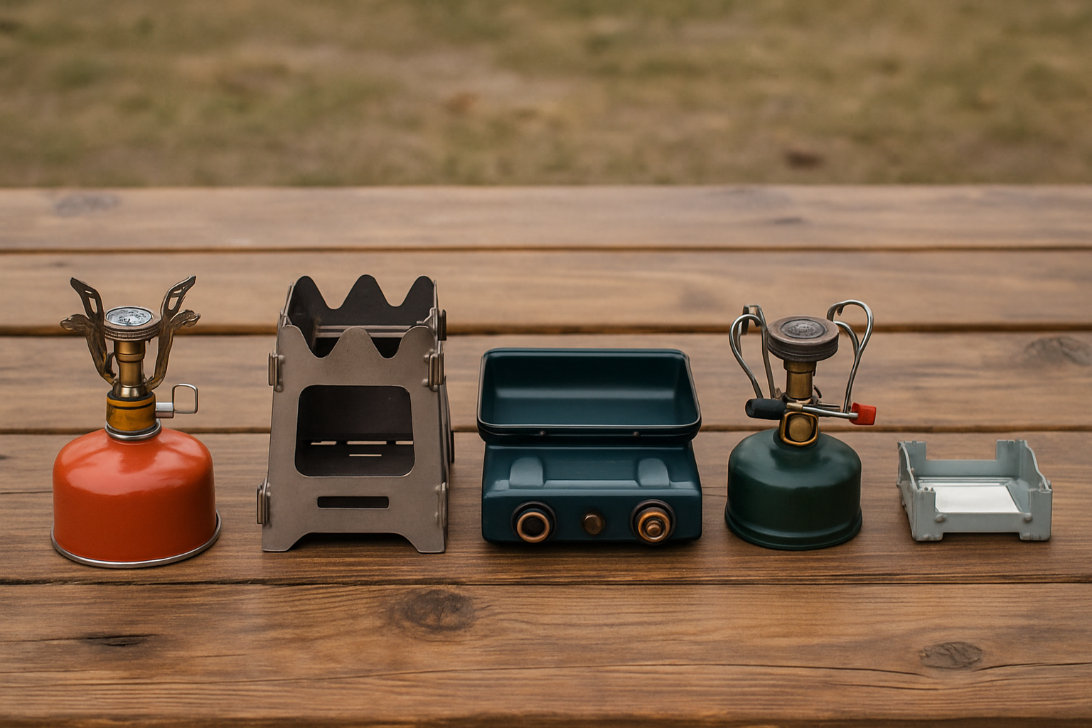 Five types of portable emergency stoves lined up on wood