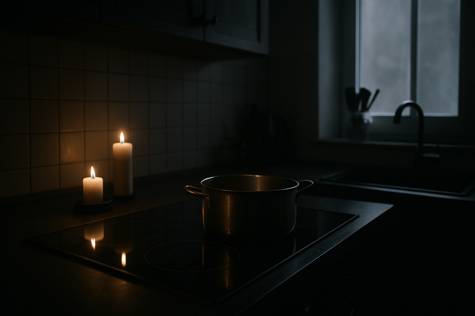 Dark kitchen with unusable electric cooktop during power outage