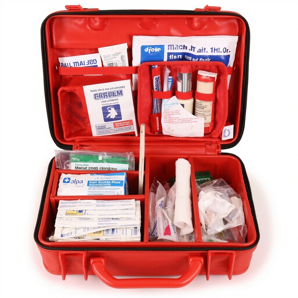 Trauma first aid kit and medical supplies laid out on a table