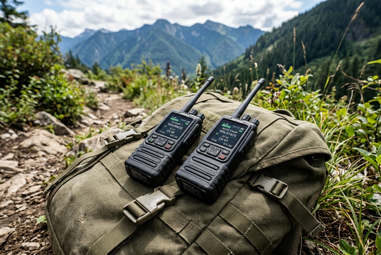 Two color-screen handheld radios on canvas backpack outdoors