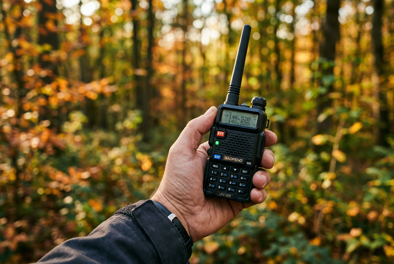 Hand holding black handheld radio outdoors near forest