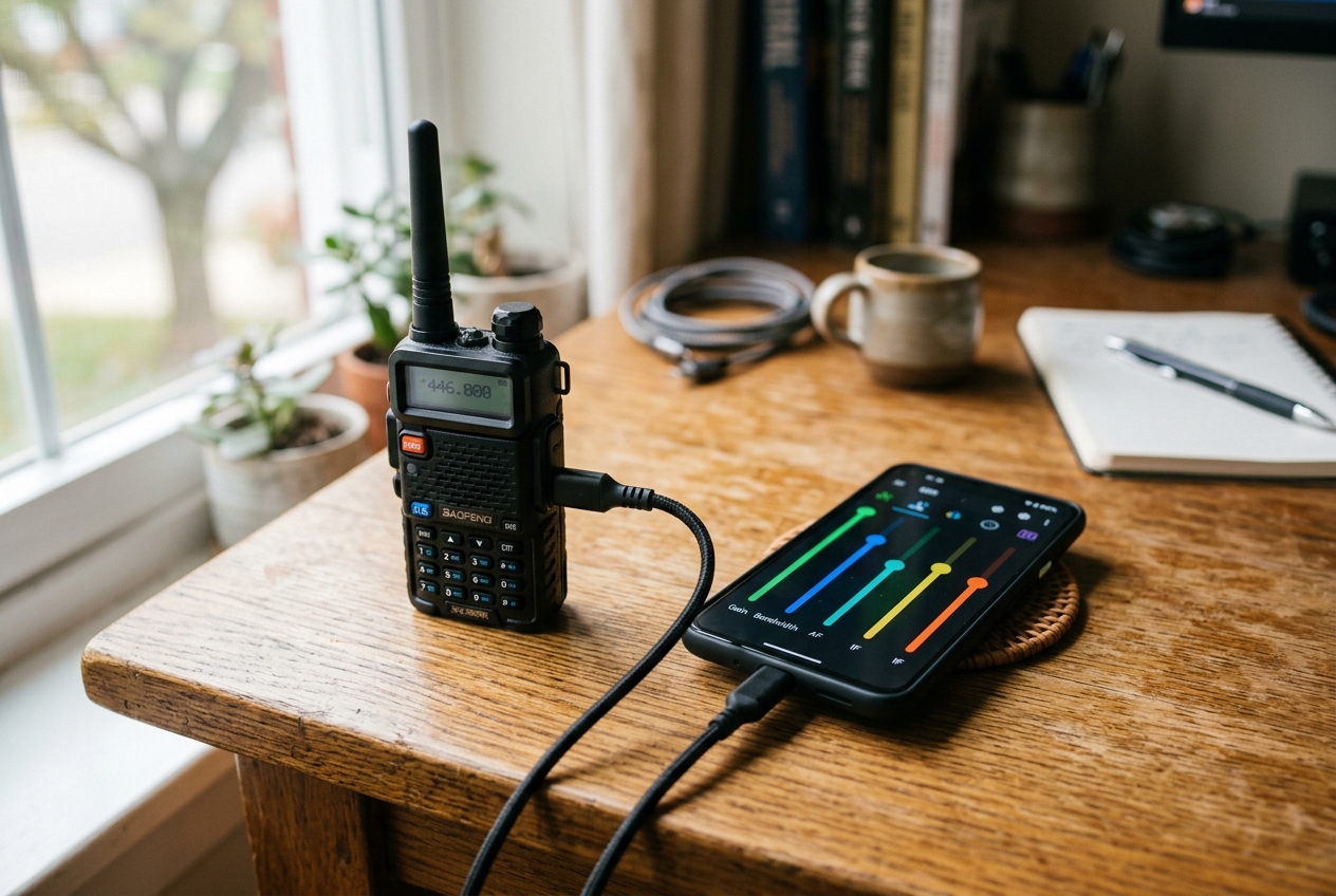 Compact radio charging via USB-C beside smartphone on desk