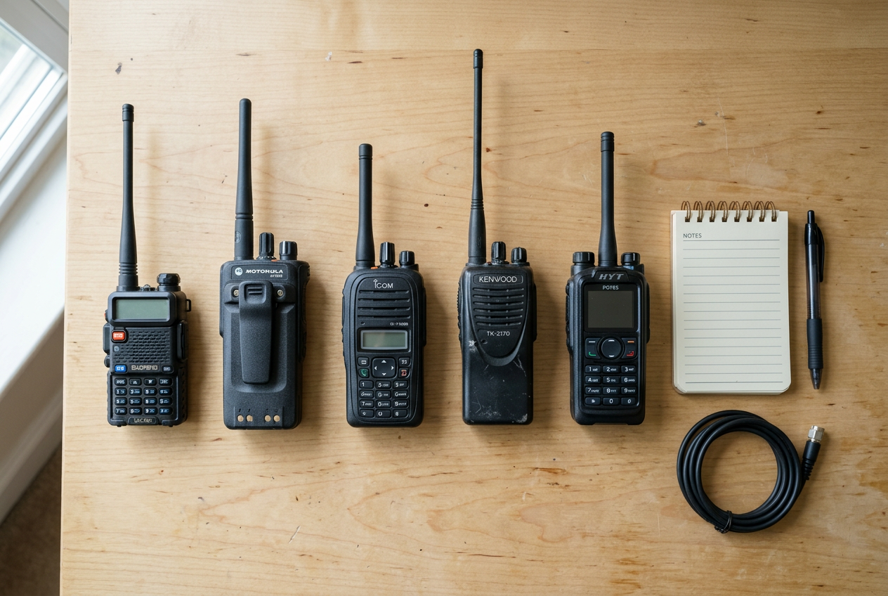 Five radios of varying sizes arranged on wooden desk