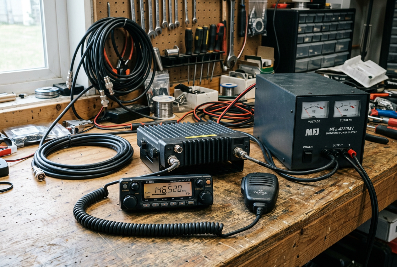 Mobile radio with detachable panel on garage workbench setup