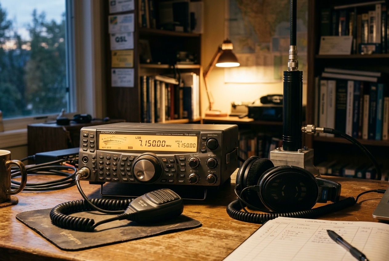 Base station radio with large LCD on evening home desk