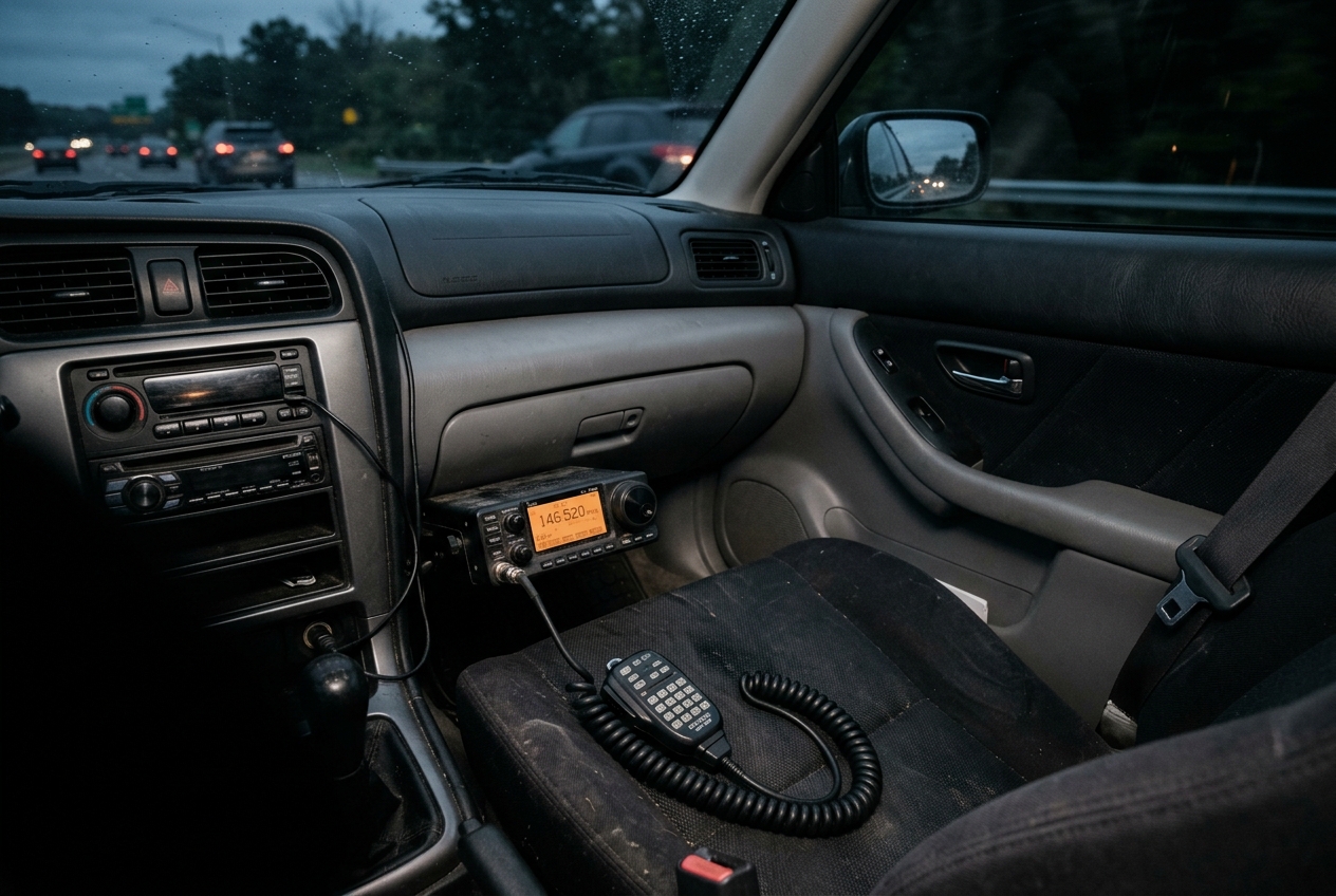 Compact mobile radio mounted under car dashboard with microphone