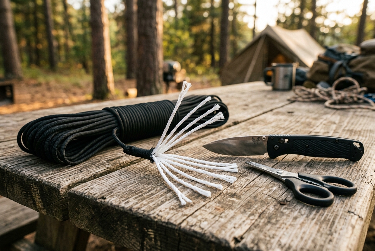 Black paracord unraveled showing inner strands beside knife outdoors