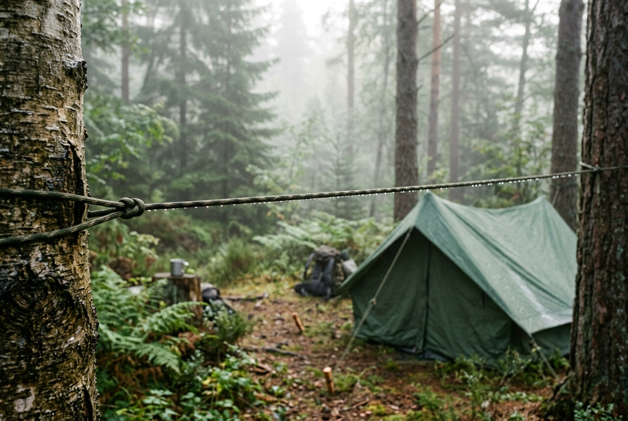 Camo green paracord tent guy line strung between forest trees