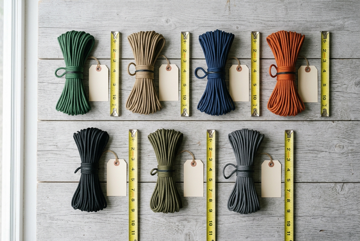 Seven coiled paracord bundles arranged in overhead grid layout
