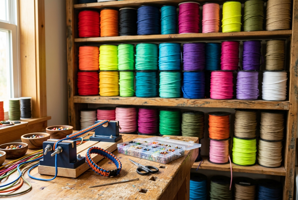 Colorful paracord spools on shelves with bracelet craft supplies