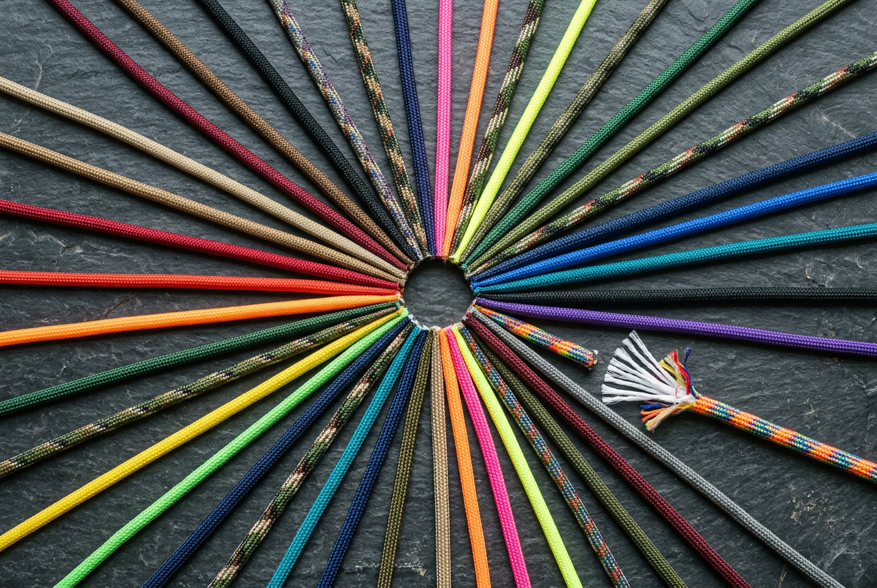 Forty colorful paracord segments fanned in radial arrangement on slate