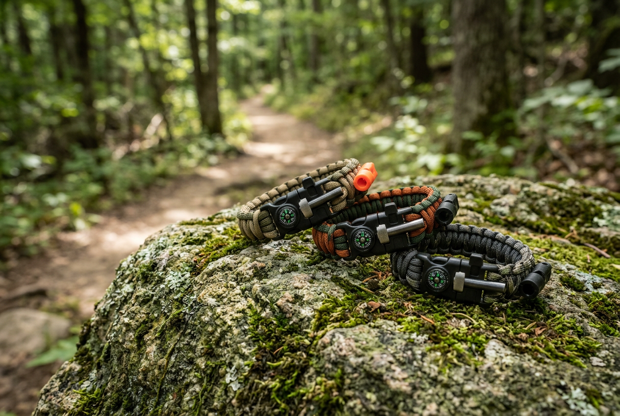 Three paracord survival bracelets with compass whistle fire starter