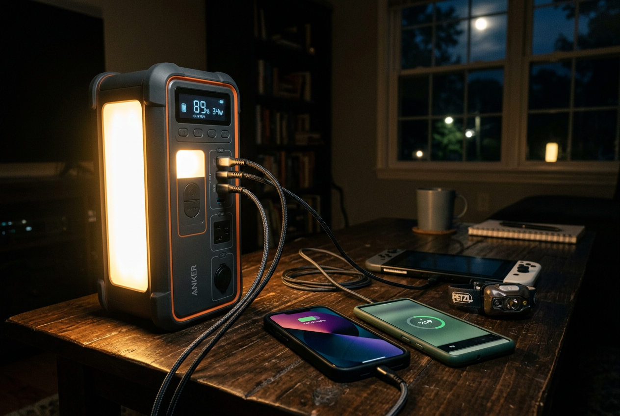 Large power bank lantern glowing during nighttime power outage