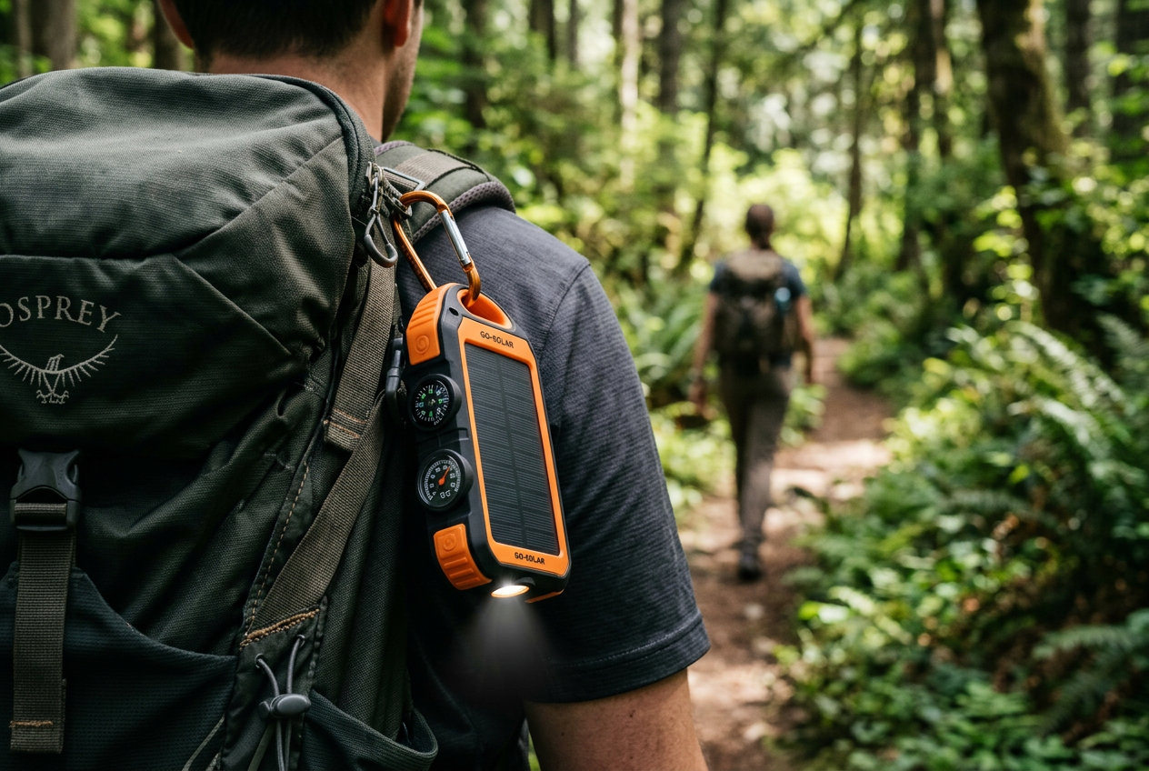Compact solar power bank clipped to hiking backpack on trail