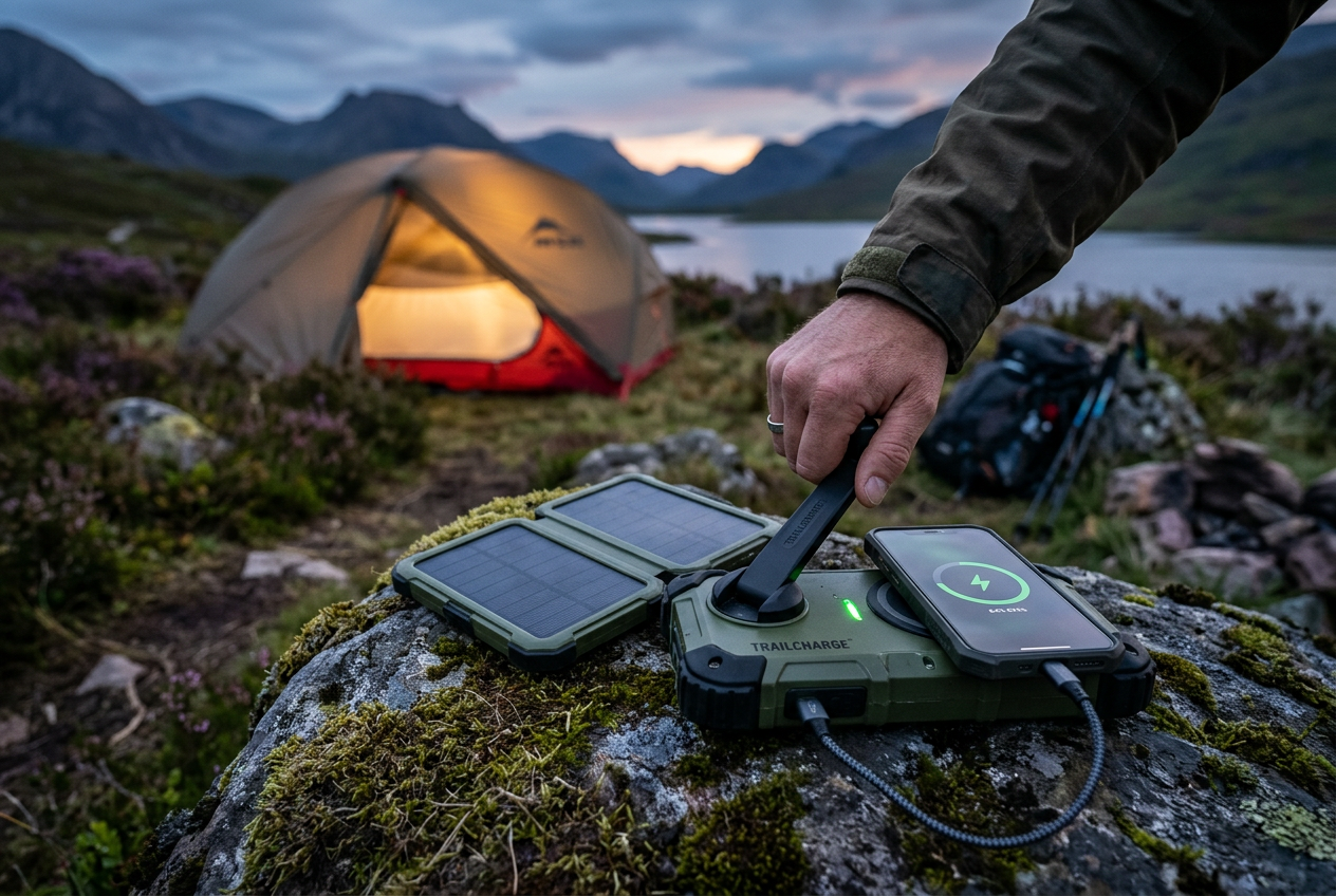 Hand cranking a solar power bank at dusk campsite