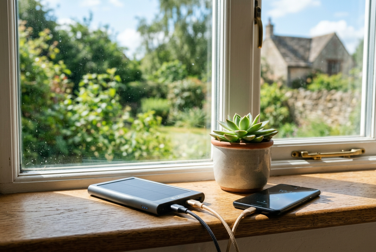 Slim solar power bank charging on sunny windowsill