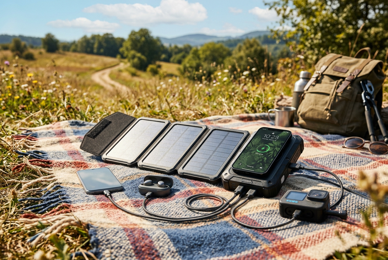 Large four-panel solar power bank charging multiple devices outdoors