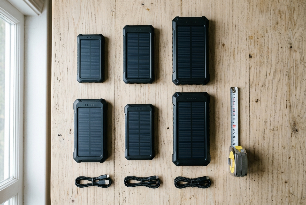 Overhead view of six solar power banks arranged neatly