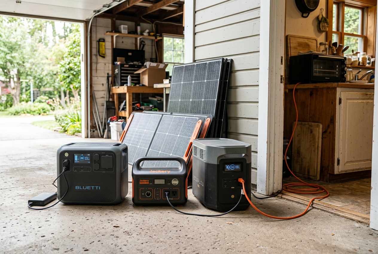 Three large portable power stations with solar panels in garage