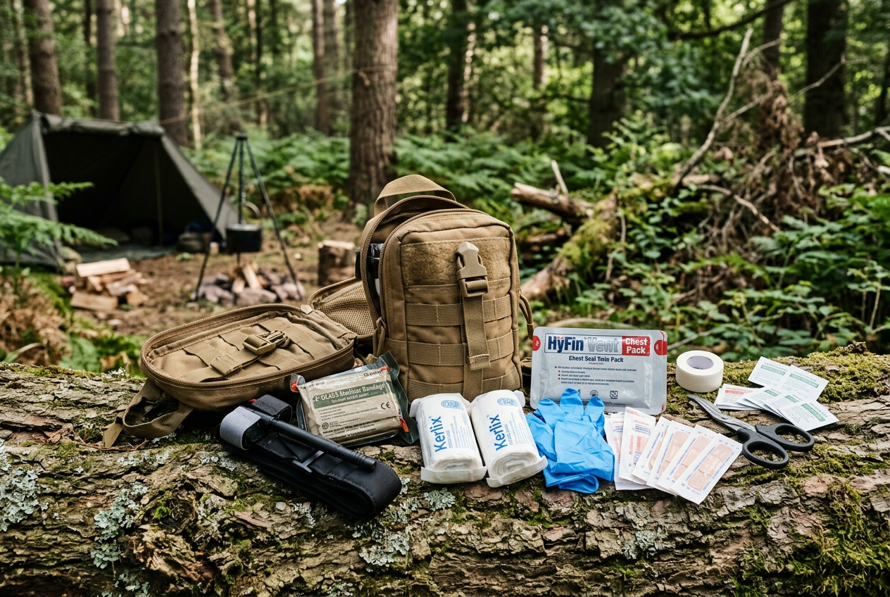 Tan combat IFAK contents spread on forest campsite log