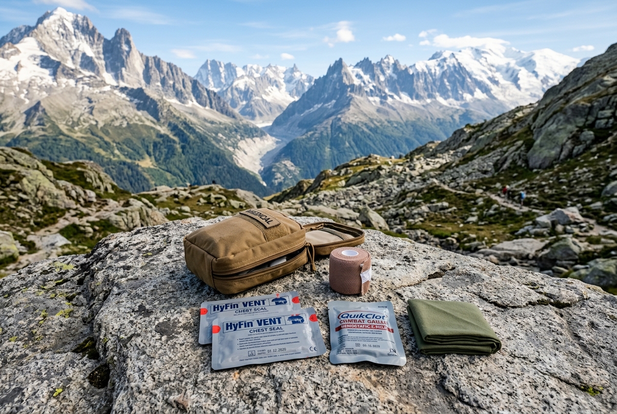 Compact IFAK contents laid on rock in mountain setting
