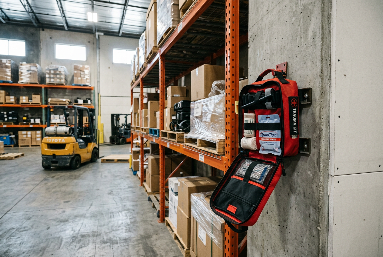 Wall-mounted workplace trauma pack open in warehouse setting