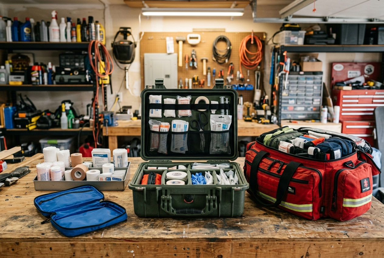 Large case, responder bag, and empty pouch on workbench