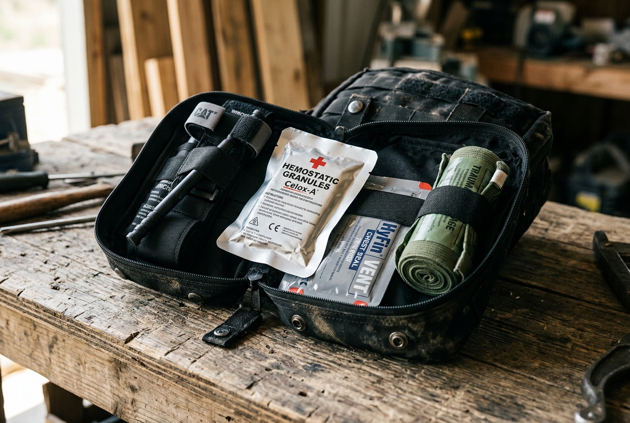 Opened premium tactical IFAK showing tourniquet and hemostatic components