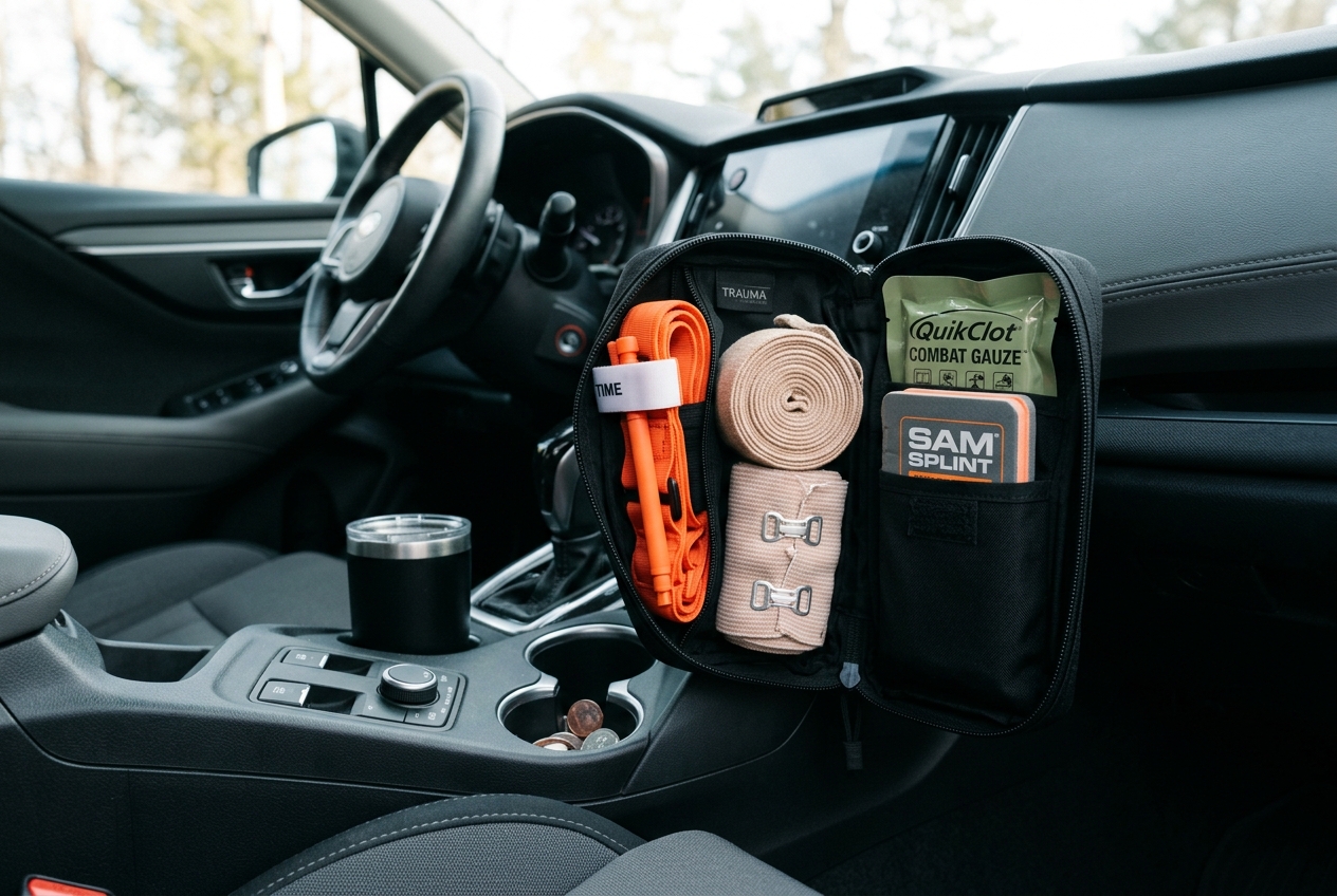Slim trauma kit in car console showing organized supplies