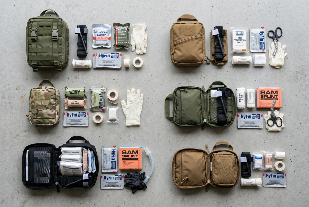 Overhead grid of six trauma kits with components arranged
