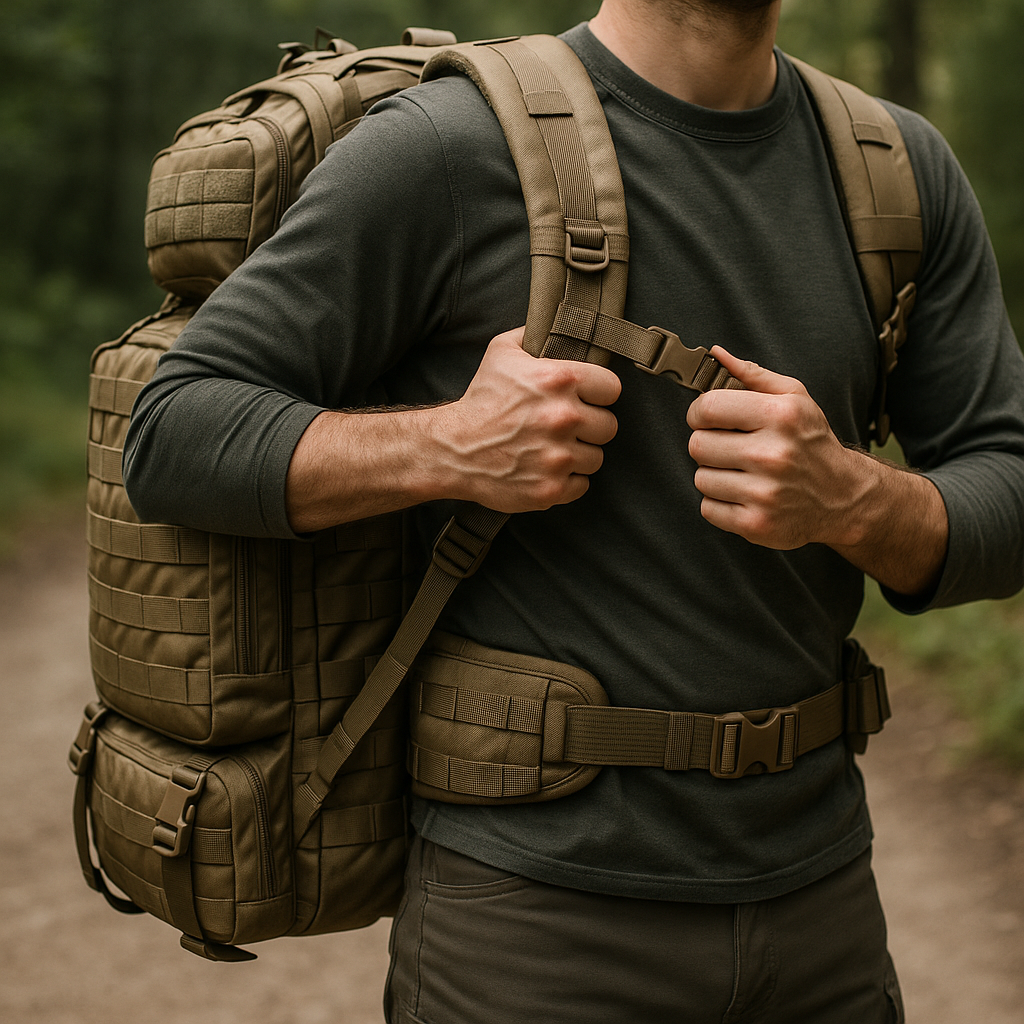 Person adjusting a fully packed bug out bag, preparing to leave home