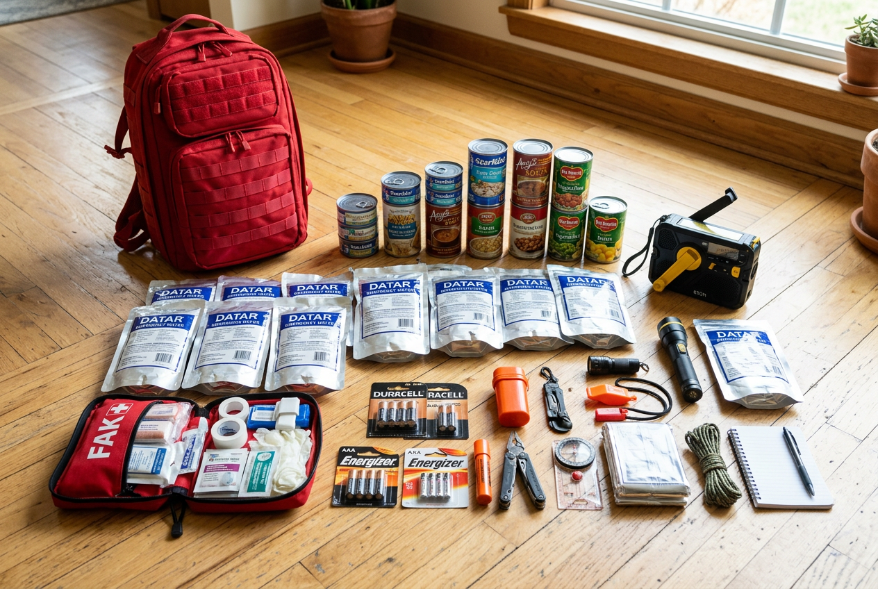 Emergency kit supplies laid out on wooden floor