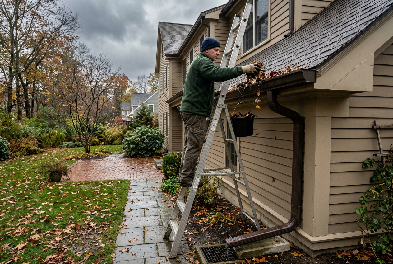 Person clearing wet leaves from roof gutter on ladder