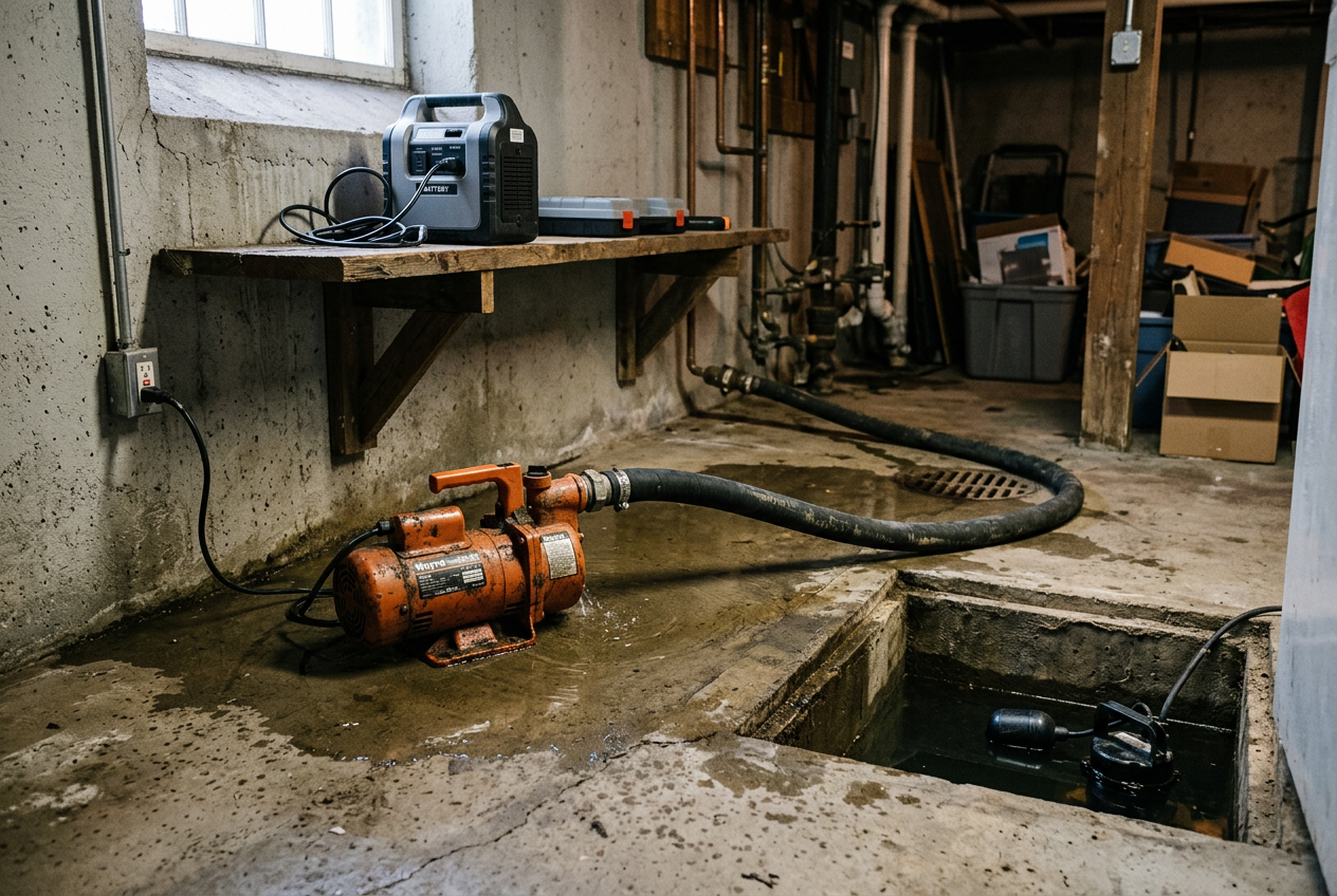 Portable utility pump and sump pit in flooded basement